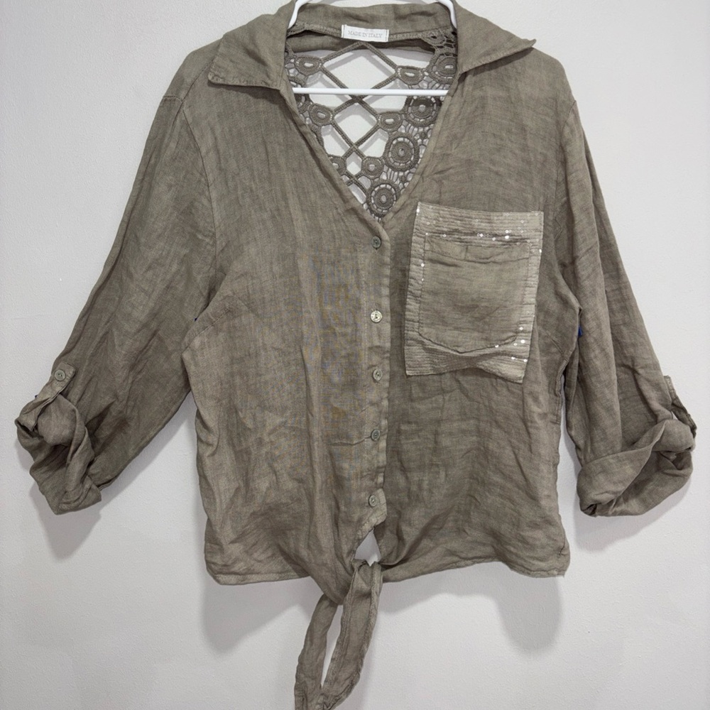 Made in Italy 100% Linen Top Women Size Medium? Light Gray Button Down Front Tie